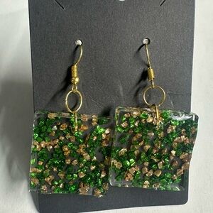 Handmade Green & Gold Resin Square Drop Earrings - Women Jewelry